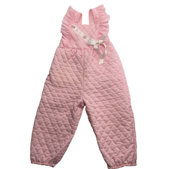 Vintage pink quilted ruffle polka dot one piece jumper jumpsuit